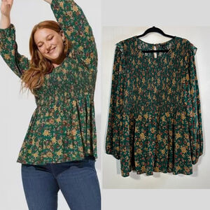 Torrid Peplum Crinkle Gauze Smocked Top Green Floral Blouse Women’s Size 2X